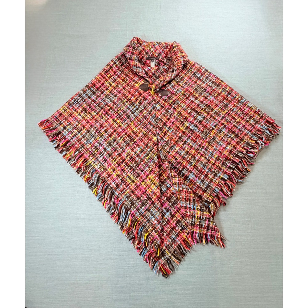 Marc New York Andrew Marc Multi Color Tweed Fringe Poncho Toggle Closure OS